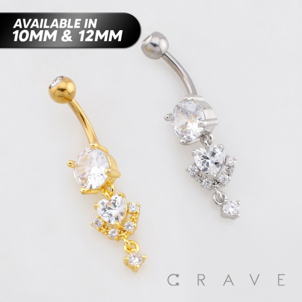 MULTI CZ HEART CLUSTER DANGLE BELLY BUTTON NAVEL RING 316L SURGICAL STEEL